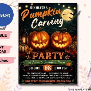 May include: A 12.7 x 17.8 cm digital invitation for a pumpkin carving party. The design features two glowing jack-o'-lanterns, a full moon, bats, and a lantern against a dark background. Text includes event details, date, time, and location information.