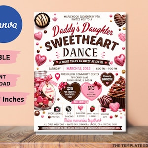 Puede incluir: Un folleto para un baile de San Valentín de Padre e Hija, con un esquema de color rosa y marrón. El diseño incluye acentos en forma de corazón, bombones de chocolate y el texto "Daddy's Daughter Sweetheart Dance". El folleto mide 21,6 x 27,9 cm.