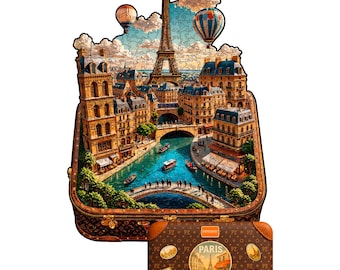 Wooden jigsaw puzzle Paris The Eiffel tower Laser cut wood puzzles for adults French design Vintage travel suitcase by Unidragon