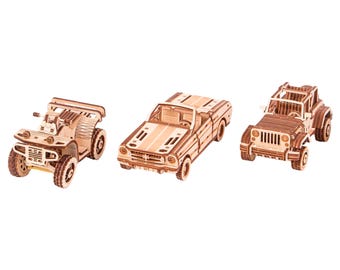 3D wooden puzzle DIY Car model kits Laser cut mechanical puzzles Two wood toy cars and quad bike ATV, AutoSet by WoodTrick