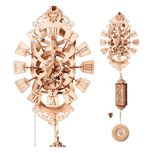 May include: Two wooden clock models with intricate gear and Roman numeral designs. The clocks feature a pendulum and decorative accents, showcasing a detailed, laser-cut aesthetic. One clock is larger, with a circular face, while the other is smaller and more elongated.