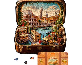 Wooden jigsaw puzzle Italy Laser cut wood puzzles for adults Italian design Vintage travel suitcase by Unidragon