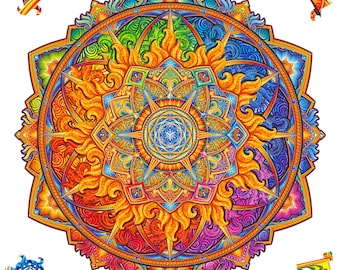 Wooden jigsaw puzzle Mandala Sun Laser cut wood puzzles for adults Aesthetic celestial decor Nascent Sun by Unidragon