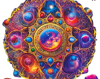Wooden jigsaw puzzle Mandala Space Laser cut wood puzzles for adults Celestial boho decor Space Dreams by Unidragon