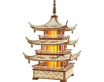 3D wooden puzzle DIY Japanese pagoda model kit Wood lamp Laser cut puzzles for adults LED night light, Harmony Tower by WoodTrick