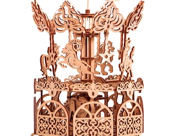 3D wooden puzzle DIY Carousel model kit Laser cut mechanical puzzles Wooden toy with animals, Carousel by WoodTrick