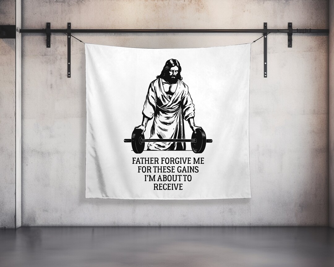 Curated visual reference: Father Forgive Me Custom Gym Tapestry Home Gym Flag Decor Photo Inspiration