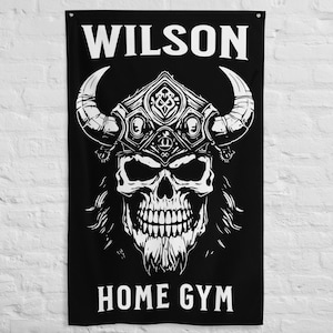 Custom Gym Flags - Home Gym Banner - Weightlifting Decor - Man Cave Wall Art - Gym Sign - Gym Gifts - Viking Skull