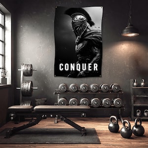 Conquer Spartan Gym Flag: Motivational Weightlifting Decor