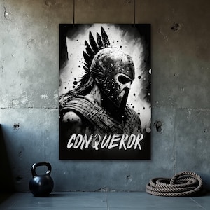 May include: Black and white illustration of a warrior wearing a helmet with a plume. The warrior is looking to the right. The text "CONQUEROR" is below the warrior.