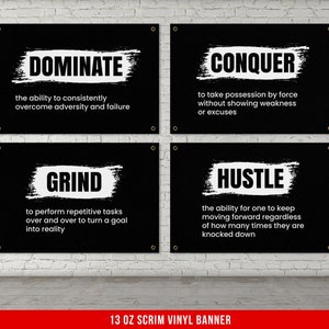 Definition Hustle Conquer Dominate Grind Banners - Set of 4 - Home Gym Decor - Large Quote Wall Art - Hustler Fitness