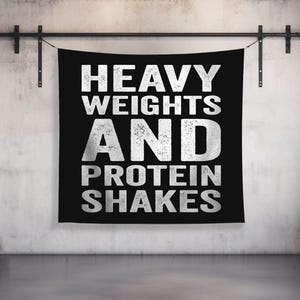 Heavy Weights and Protein Shakes Tapestry Motivational Quote Weightlifting Fitness Gym Banner Wall Art Home Decor