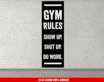 Gym Rules Banner - Motivational Home Gym Decor - Large Quote Wall Art - Weightlifting - Inspirational