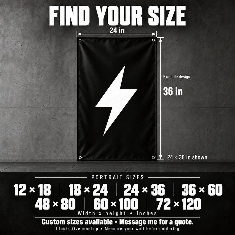 The image is a black and white photograph of a banner with a lightning bolt design, accompanied by a size chart and a message for ordering custom sizes.
