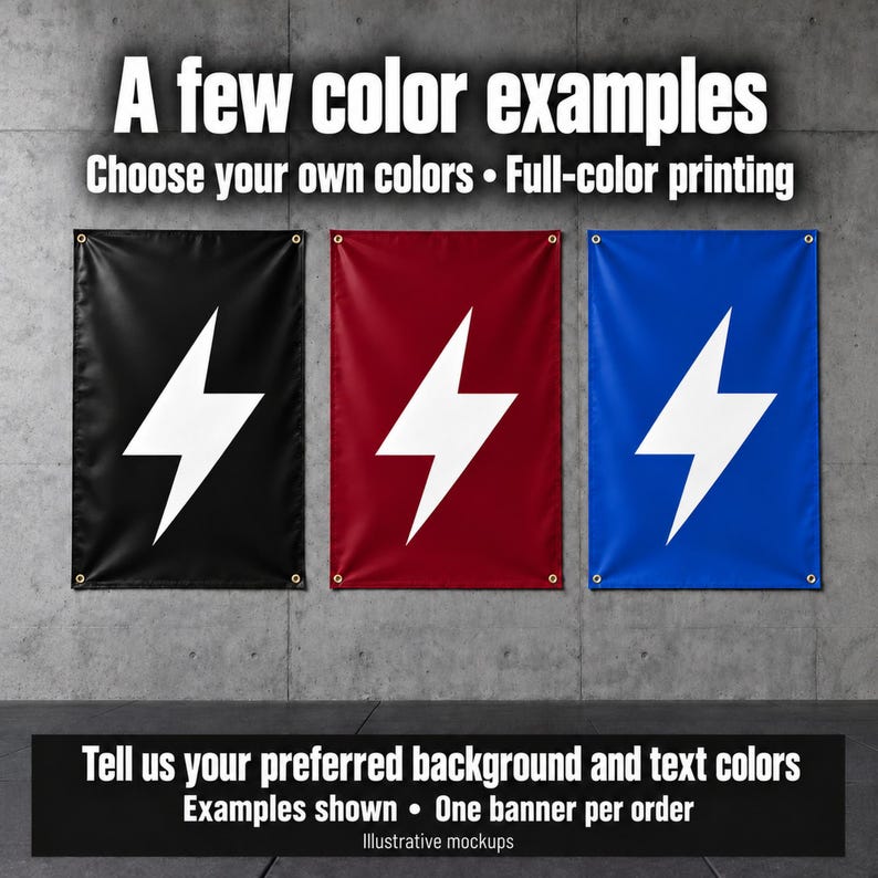 three banners with different color backgrounds and a white lightning bolt symbol, along with text providing examples of how to customize the banners.