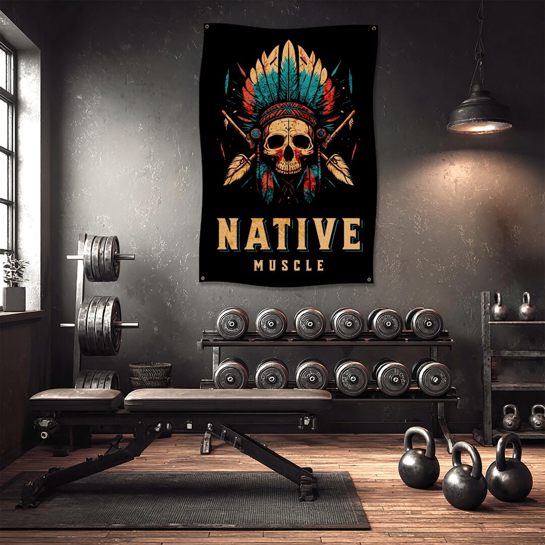 Native Muscle Gym Flag, Motivational Home Gym Decor, Skull Headdress ...
