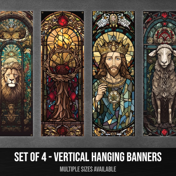 Church Banners - Set of 4 - Christian Catholic Spiritual Decor - Jesus Church Wall Decor - Lion Lord King Lamb - V4