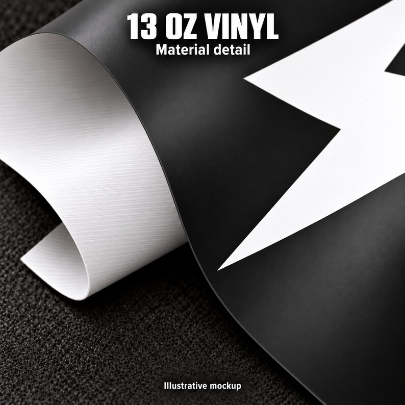 The image is a close-up of a piece of 13 oz vinyl material, with a black and white design on it.
