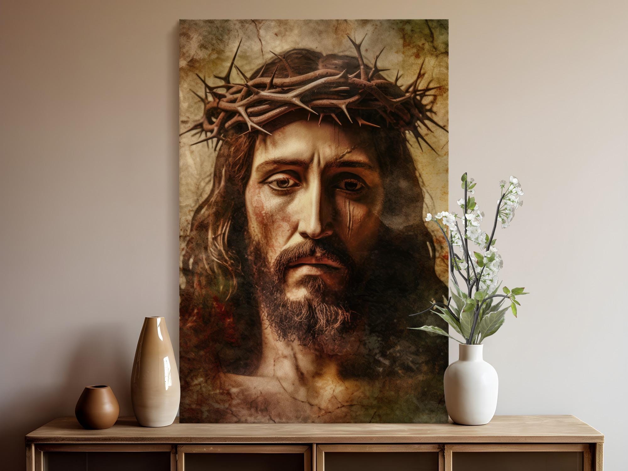 Jesus Christ Crown of Thorns Canvas Wall Art, Christian Religious Home ...