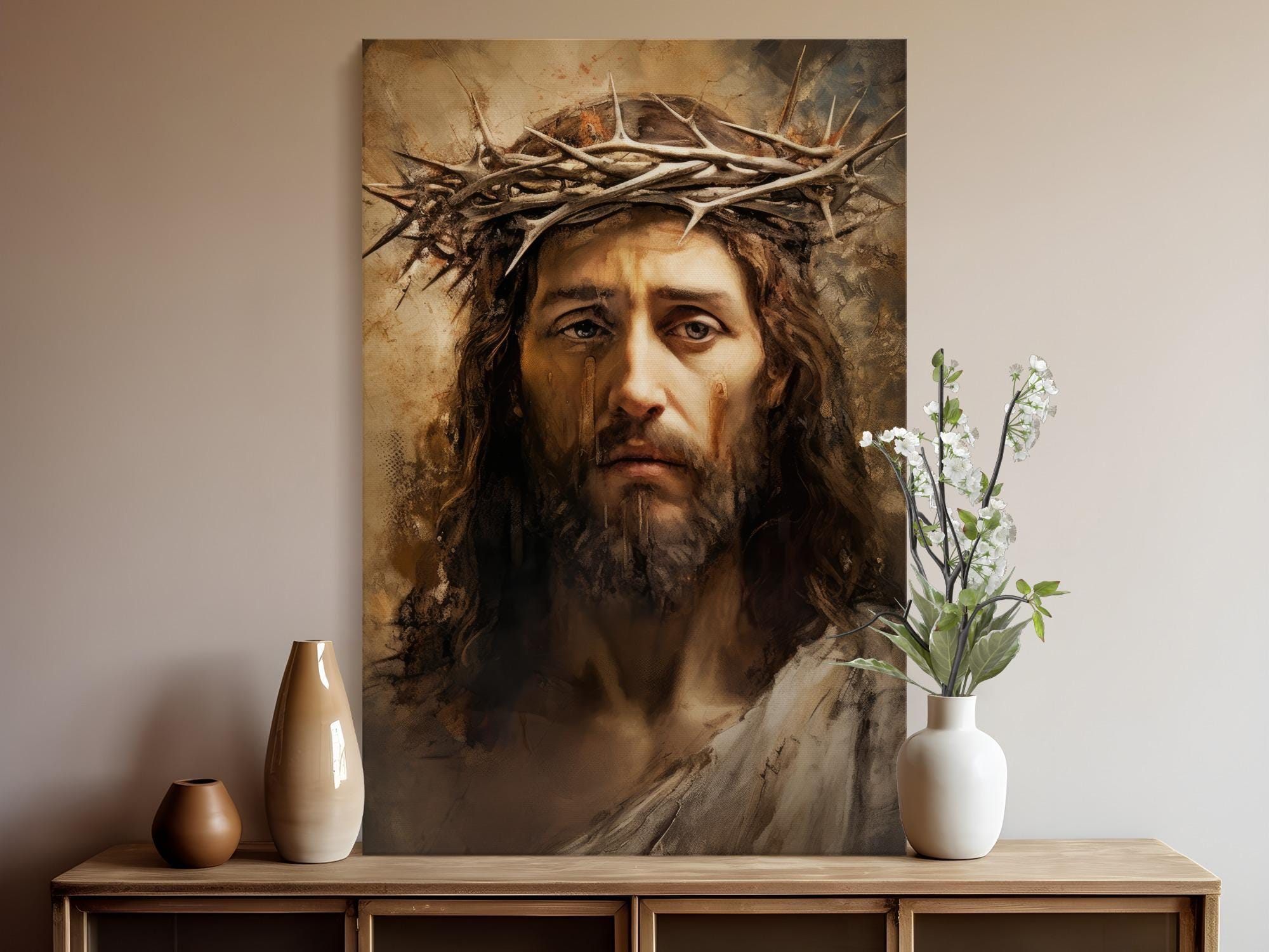 Jesus Crown of Thorns Canvas Print, Christ Portrait Wall Art, Christian ...