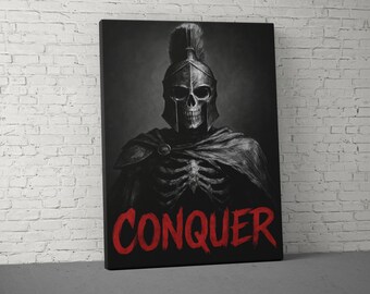 Conquer Canvas, Spartan Warrior Skull, Gym Motivation, Inspirational Wall Art, Home Gym Decor, Mens Gift, Workout Canvas