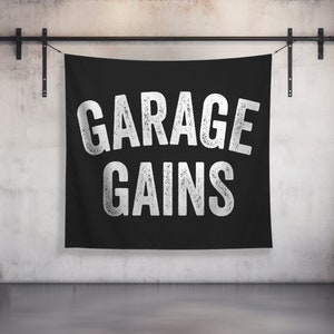 Garage Gains Wall Tapestry - Gym Decor - Large Motivational Fitness - Weightlifting Art