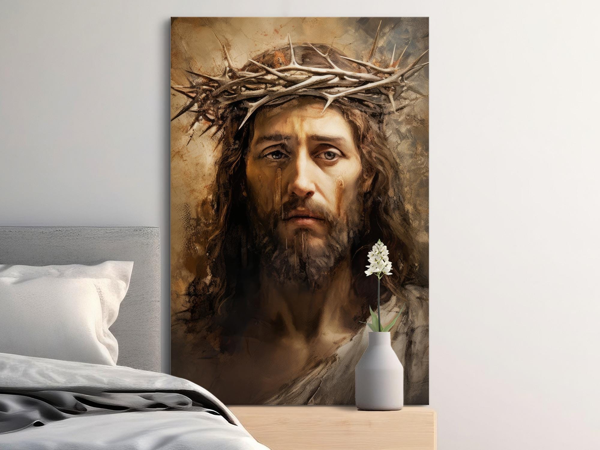 Jesus Crown of Thorns Canvas Print, Christ Portrait Wall Art, Christian ...