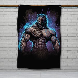 May include: A black wall hanging depicting a muscular, humanoid figure with a lion's head. The artwork uses blue, purple, and grey tones, with a glowing effect around the figure. The figure is in a dynamic pose, with an open mouth.