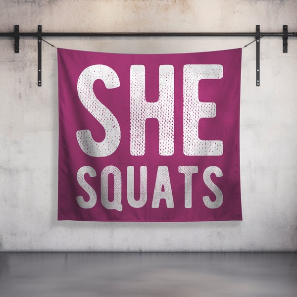 She Squats Wall Tapestry - Gym Decor - Large Motivational Fitness - Weightlifting Art