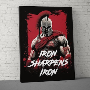 Iron Sharpens Iron Canvas - Home Gym Decor - Large Motivational Quote Wall Art - Weightlifting Fitness - Sports Inspiration - Spartan V3