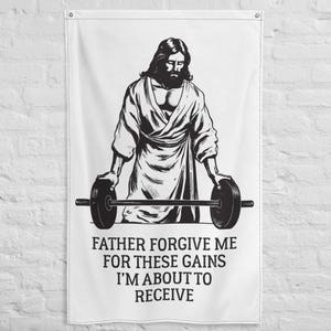 Puede incluir: Ilustración en blanco y negro de una persona levantando una barra. La persona lleva una túnica y tiene barba. El texto de la imagen dice "Padre, perdóname por estas ganancias que estoy a punto de recibir."