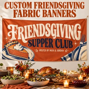 Custom Friendsgiving Banner, Personalized Fabric Dinner Party Backdrop with Host Names, Year and Optional Photo