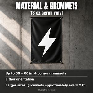 The image is a banner with a lightning bolt symbol, hanging on a concrete wall.