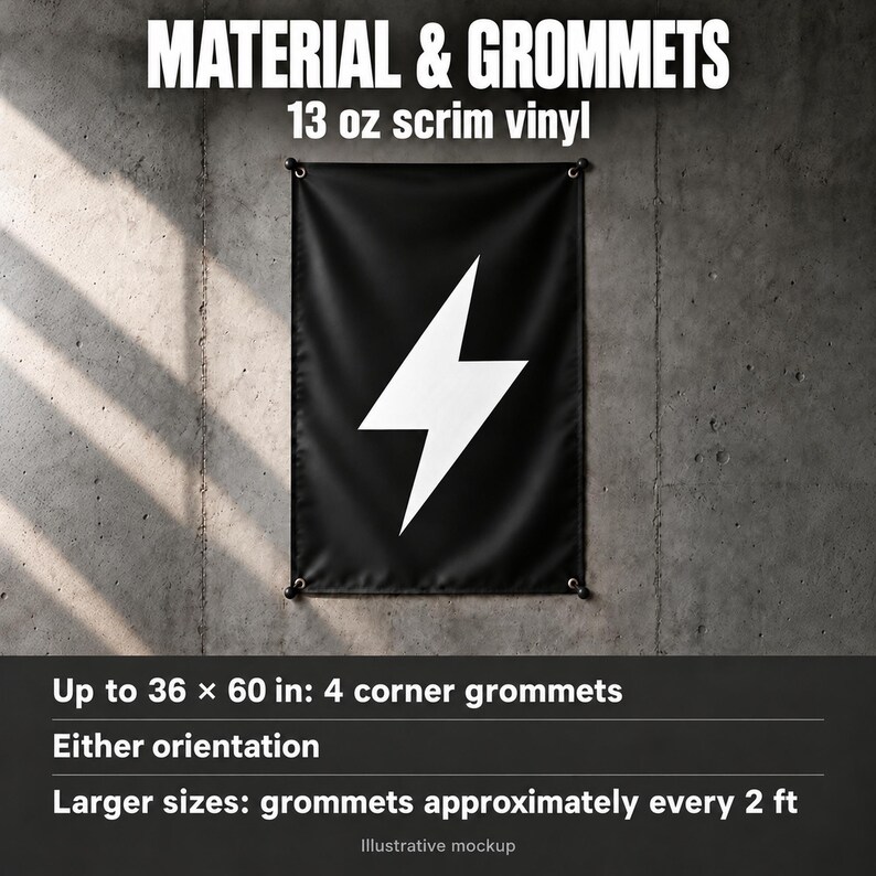 The image is a banner with a lightning bolt symbol, hanging on a concrete wall.