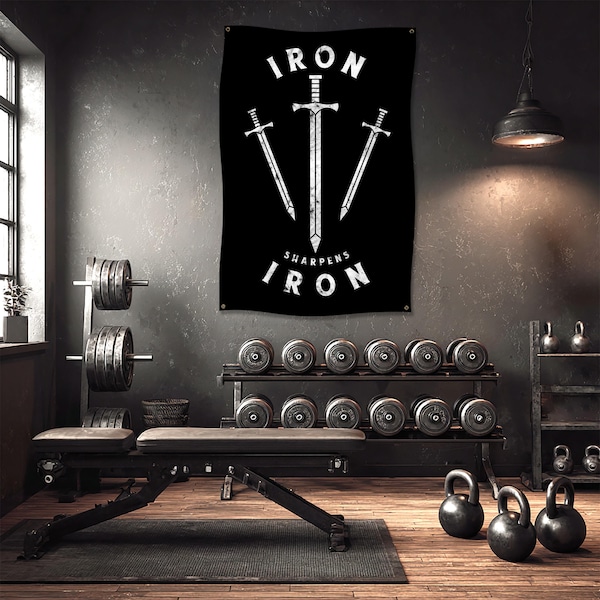 Iron Sharpens Iron Flag, Motivational Gym Decor, Husband Gift, Weightlifting, Home Gym Art, Inspirational Quotes, Sports Wall Art