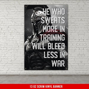 He Who Sweats Home Gym Banner - Inspiration - Weightlifting Decor - Motivation - Gym Gift - Gym Sign - Custom Text - Spartan V4