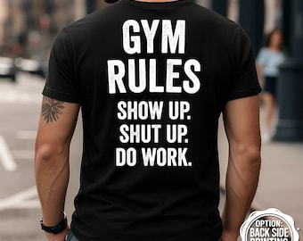 Camiseta con reglas de gimnasio, camiseta motivacional para gimnasio, camiseta divertida para entrenar, ropa de fitness, camiseta de culturismo, camiseta motivadora para entrenar, camiseta con frase de gimnasio