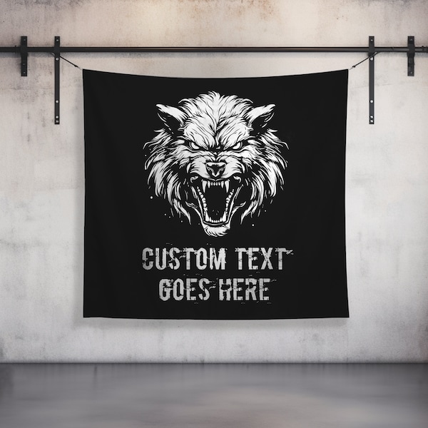Custom Text | Gym Tapestry | Home Gym Flag Decor | Large Quote Wall Art | Motivational Personalization | Banner | Wolf