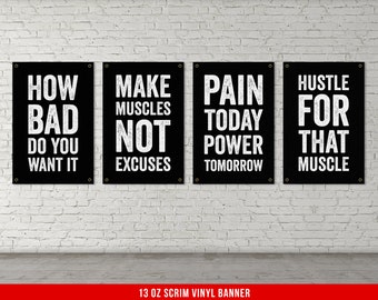 Gym Quote Banners - Set of 4 - Home Gym Decor - Large Quote Wall Art - Weightlifting Motivational - Basement Garage