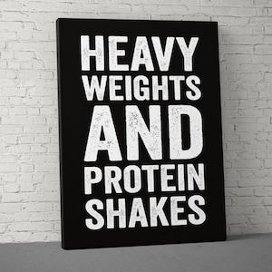 Heavy Weights Protein Shakes Canvas - Home Gym Decor - Large Motivational Quote Wall Art - Fitness