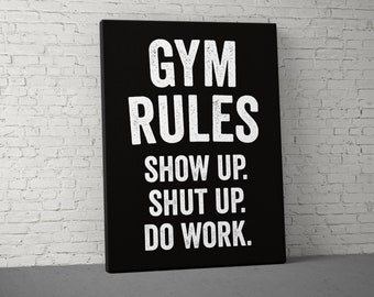 Gym Rules Show Up Canvas - Home Gym Decor - Large Motivational Quote Wall Art - Weightlifting Fitness Training - Garage Basement