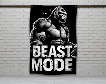 Peut inclure: Illustration en noir et blanc d'un gorille musclé avec le texte "BEAST MODE" sur un fond noir.