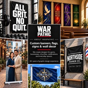 The image is a collage of various elements, including banners, flags, and signs, with a focus on the "WAR PATRIC" brand.