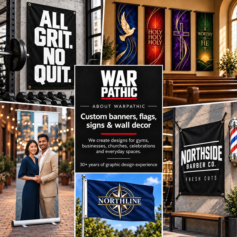 The image is a collage of various elements, including banners, flags, and signs, with a focus on the "WAR PATRIC" brand.