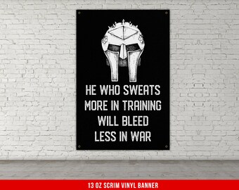 He Who Sweats Banner - Home Gym Decor - Large Motivational Quote Wall Art - Weightlifting - Sports Inspiration