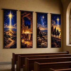 May include: Four vertical wall hangings depicting a nativity scene. The first shows a bright star over a town, the second a manger, the third shepherds with sheep under a starry sky, and the fourth three figures on camels traveling at night.