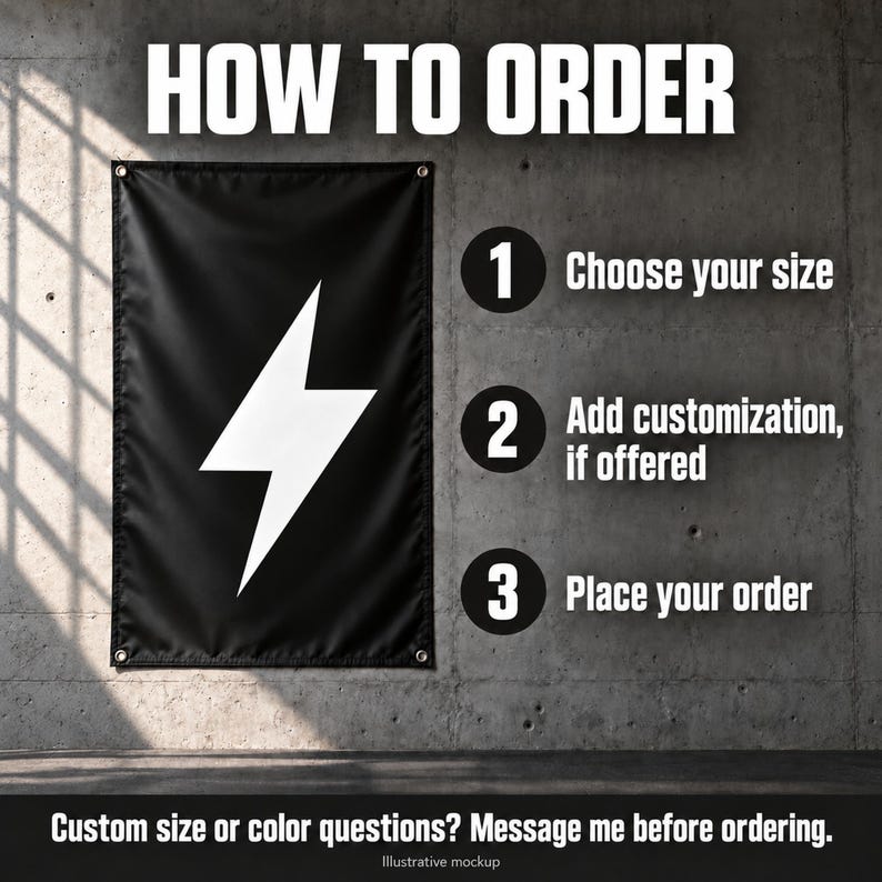 The image is a banner with instructions on how to order a product, specifically a flag or banner.