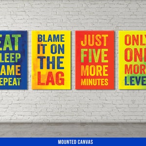 Video Game Canvas Set - Gamer Decor - Gaming Large Quote Wall Art - Boys Room Arcade - Man Cave - Bright Colors