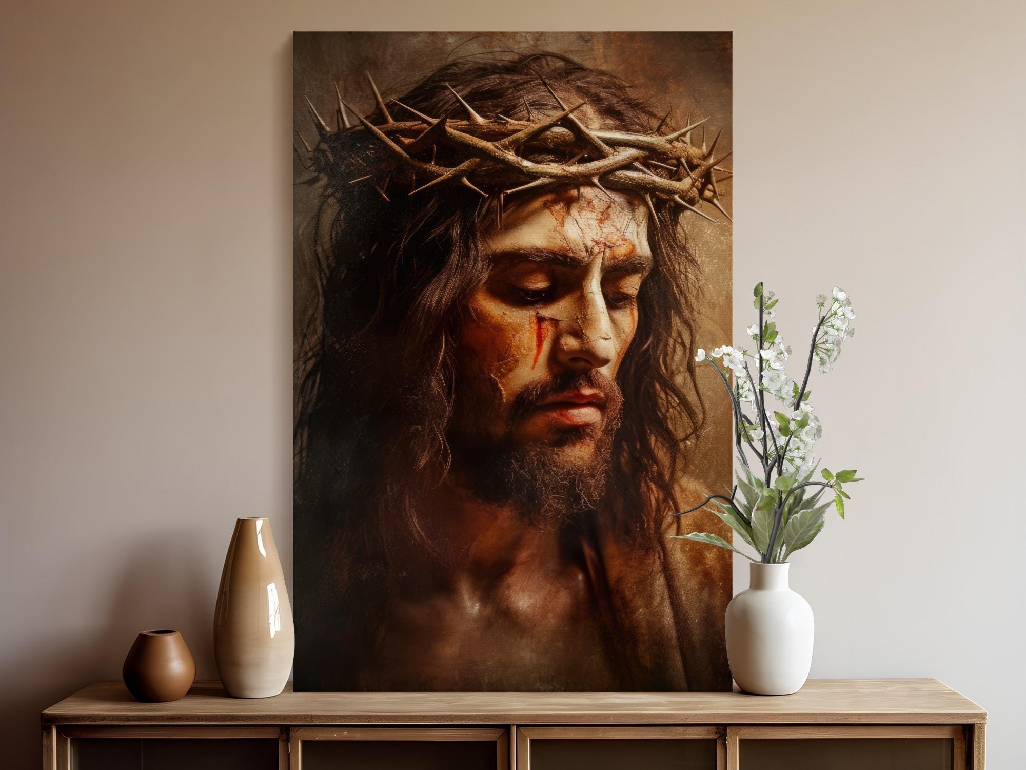 Jesus Christ Canvas Print, Sacred Religious Wall Art, Crown of Thorns ...