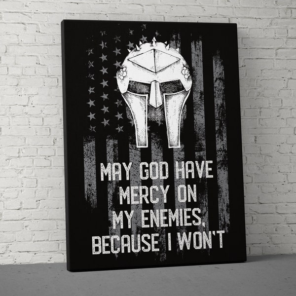 May God Have Mercy Canvas - Home Gym Decor - Large Quote Wall Art - Weightlifting Fitness - Sports Funny - USA Gray